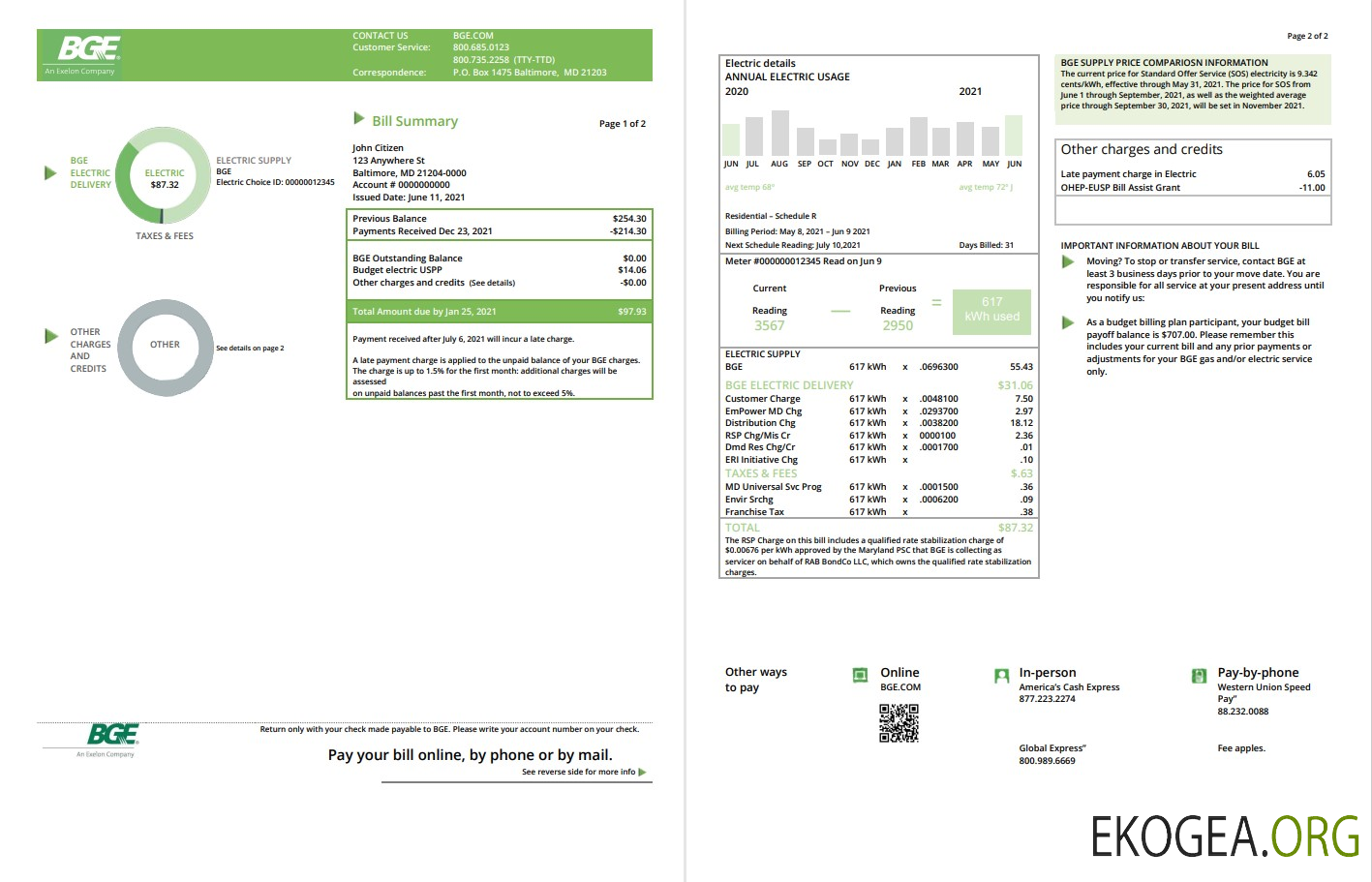 USA Maryland Baltimore Gas and Electric (BGE) utility bill template in Word and PDF format (2 pages)